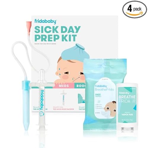 Frida Baby Sick Day Prep Kit, 4pc Baby Essential, All-in-One Set for Babies | Includes NoseFrida Aspirator, MediFrida Dispenser, Vapor Chest Rub + Snot Wipes for Babies