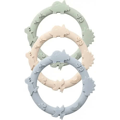 Silicone Teethers for Babies 0-6 6-12 Months Teething Toys for Infants Baby Chew Toys for Sucking Needs Baby Teething Rings for Infant Boys and Girls 3 Pack-Dinosaur-Blue