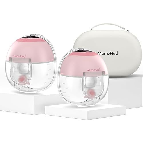 MomMed S33 Wearable Breast Pump with Case, Ultra-Quiet in-Bra Pump for Work & Night, One-Tap Pause, Night Light, Leakproof, 4 Modes 9 Levels, 17/19/21mm Inserts (Pink, Double Pro (with Case))