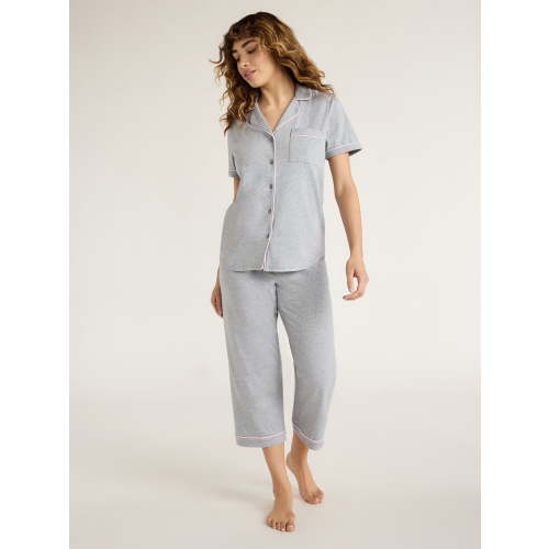 Joyspun Women's Cotton Blend Notch Collar Top and Capri Pants Pajama Set, 2-Piece, Sizes S to 4X