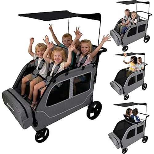 4 Seater Wagon Stroller, Large Quad Wagon for 2 3 4 Kids Baby Toddler Child with Seats, All Terrain, Triple Stroller, Adjustable Push/Pull Handles, Removable Canopy (Dark Grey)