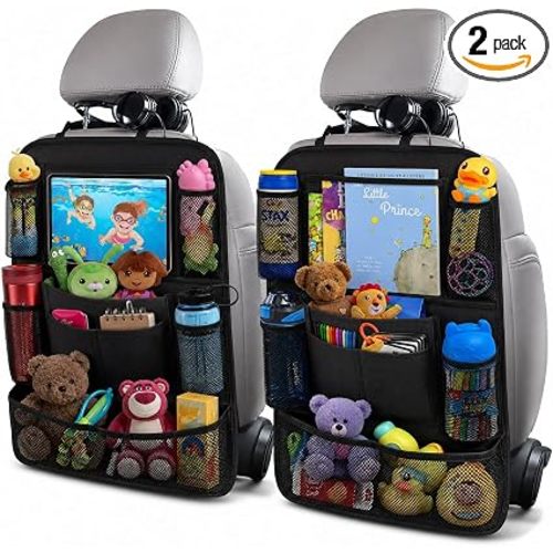 ULEEKA Car Backseat Organizer with 10" Table Holder, 9 Storage Pockets Seat Back Protectors Kick Mats for Kids Toddlers, Travel Accessories, 2 Pack