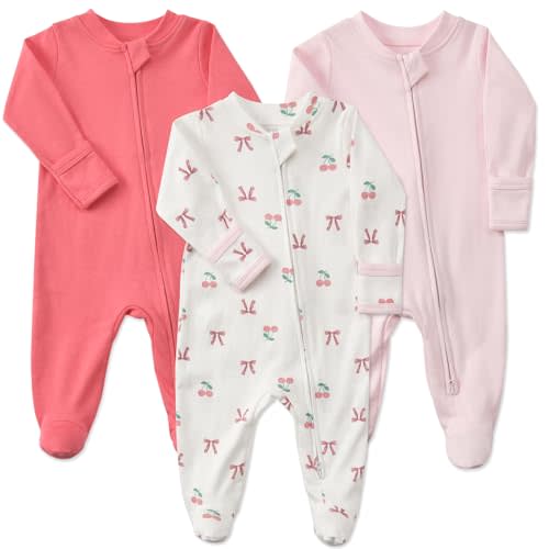Aablexema Baby Footie Pajamas with Mittens - 3Pcs Infant Cotton Footed One Piece Sleepwear Outfits