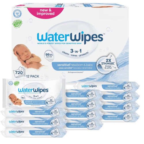 WaterWipes Sensitive+ Newborn & Baby Wipes, 3-In-1 Cleans, Cares, Protects, 99.9% Water, Unscented & Hypoallergenic, 720 Count (12 Packs)
