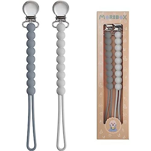 Pacifier Clip for Boys Girls - MORIBOX Paci Clip Soothie Baby Binky Holder for Shower Gift Birthday 2 Pack (Grey)
