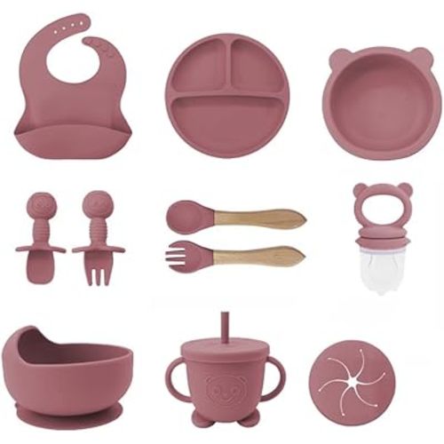 Silicone Baby Feeding Set – Pandaloo Collection, 11-Piece Baby-Led Weaning Set – Self-Feeding Kit for Babies & Toddlers – BPA-Free, Dishwasher Safe Feeding Essentials (Blush Pink)