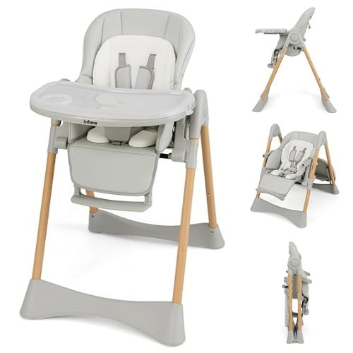 INFANS Baby High Chair, High Chairs for Babies & Toddlers with Adjustable Height Backrest Footrest Removable Tray, Easy to Clean PU Seat Convertible Quick Folding Portable Highchair