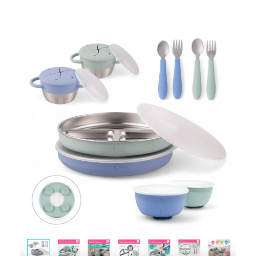Stainless Steel Mealtime Bundle | Plates, Bowls, Snack Cups + Toddler Utensils | Suction Sleeves | Sage/MistyBlue