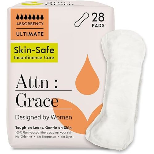 Attn: Grace Ultimate Incontinence Pads for Women, 28-Pack - High Absorbency, Breathable, Plant-Based - Overnight Pads for Heavy Bladder Leaks & Sensitive Skin