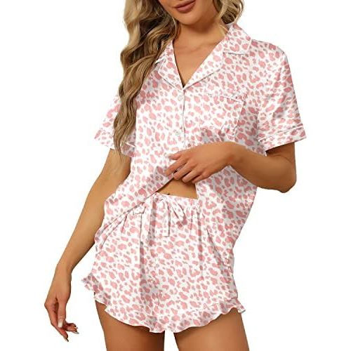 SAPJON Satin Silk Pajamas for Women 2Pcs Ruffle Notch Collar Sleepwear Button Down Short Sleeve Shorts Pjs Set Loungewear