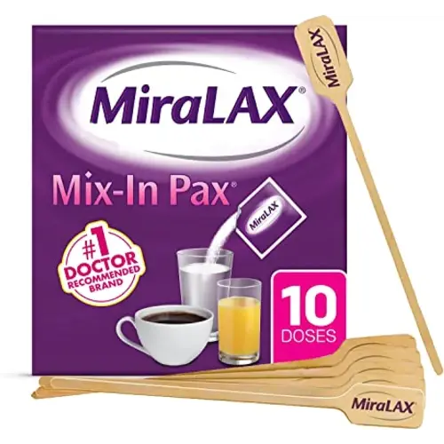 MiraLAX Gentle Constipation Relief Laxative Powder, Stool Softener with PEG 3350, No Harsh Side Effects, Single Dose Mix-In Pax with Mixing Stirrers, Travel Pack, 10 Dose