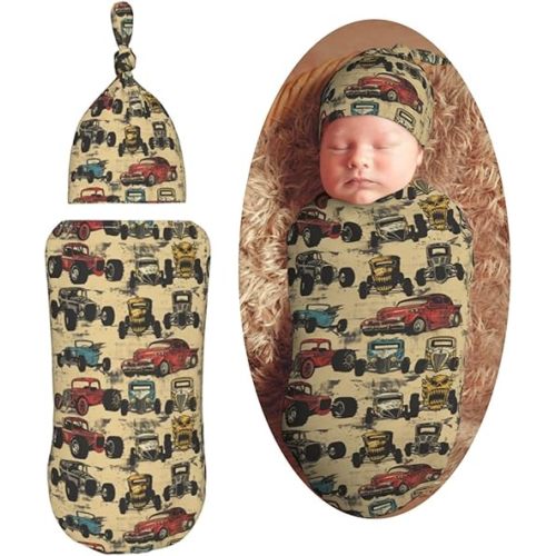 Vintage Monster Cars Newborn Swaddle Blankets Hat Sets Soft Baby Receiving Blanket Swaddle Sack for Baby Shower Infant Boy Girl Gift