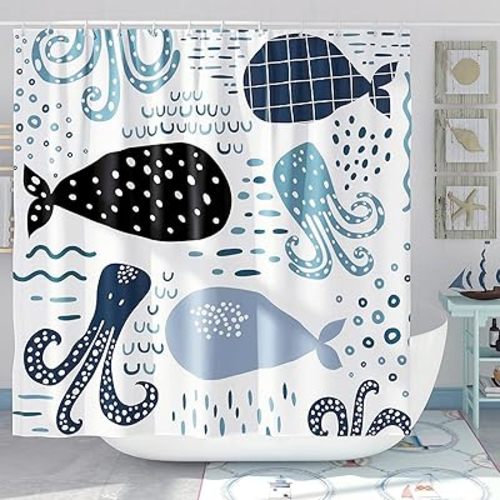 DESIHOM Blue Whale Shower Curtain Set Cool Funny Ocean Cartoon Shower Curtains for Bathroom Cute Kids Bathroom Decor Polyester Fabric-72" x 72"