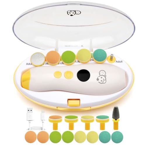 Royal Angels Rechargeable 22 in 1 Baby Nail Trimmer with LCD Display, Labeled Case, 13 Extra Pads, 4 Speed Settings, Safe Quiet LED Light Electric Baby Nail File Kit for Newborns Toddlers (Mango)