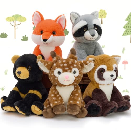MaoGoLan 5 Pcs Woodland Animals Plushies Bulk Stuffed Woodland Toys Baby Shower Decorations, 8'' Grizzly Bear Deer Fox Raccoon Red Panda Forest Party Favors Easter Valentines Gifts for Girls
