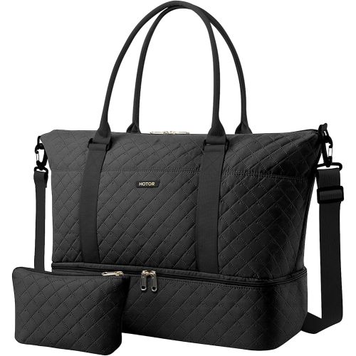 HOTOR Travel Duffel Bag - Weekender Bags for Women, Gym Tote Bags with Shoe Compartment, Carry On Overnight Bag with Toiletry Bag for Travel Essentials and Travel Accessories, Black, 15.8"×18.1"×8.7"