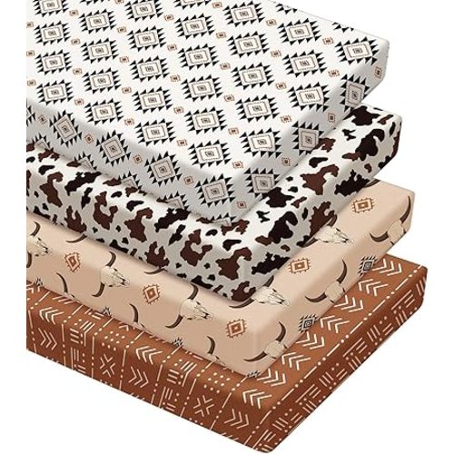 VitalCozy 4 Pcs Aztec Western Crib Sheet Set Newborn Bedding Nursery Baby Sheets for Girl Boys Baby Gifts for Standard Crib and Toddler Mattresses, 52 x 28 x 8 Inches