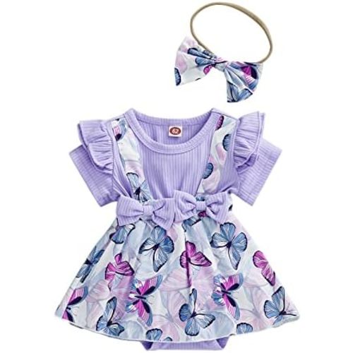 Newborn Baby Girl Summer Clothes Short Sleeve Butterfly Print Ribbed Suspender Romper Dress Headband 2Pcs Set