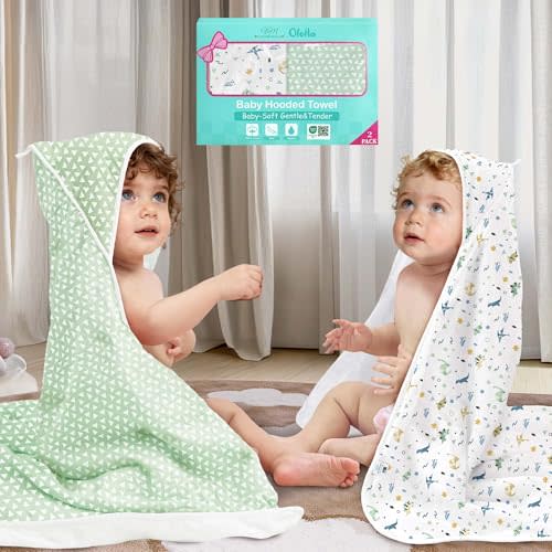 VOOVA & MOVAS 2Pack Toddler Bath Towel - 100% Muslin Cotton,450GSM, 32x32 Inches,0-24Months, Super Absorbent Large Towel with Hood for Newborn,Infant, Triangle & Dino Patten