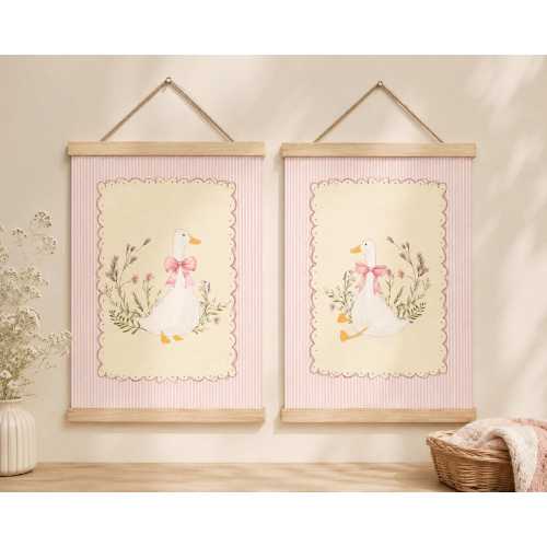 Vintage Mother Goose Nursery Wall Hanging 12x16, Cottagecore Goose Wall Art, Pink Stripe Baby Girl Nursery Decor, Linen Canvas Scroll