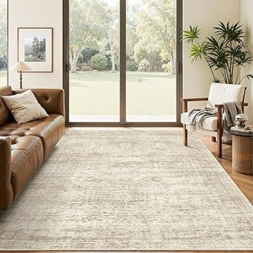 5x7 Area Rugs Beige Low Pile Indoor Washable Trendy Faded Style Rugs for Bedroom Living Room Dining Room Foldable Non-Slip Thin Print Home Office Mat