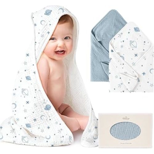 Konssy 2-Pack 100% Muslin Cotton Hooded Baby Bath Towels for Boys and Girls