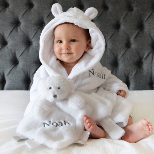 Personalised Baby White Gown And Teddy Comforter Set