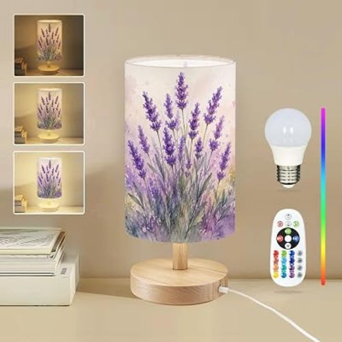 Table Lamp for Bedroom Lavender Bouquet Watercolor Painting Purple Green Accents Kids Bedside Lamp Girls Boys Nursery Light Night Light Gifts Reading Night Stand Decor