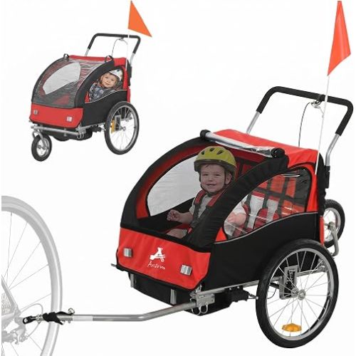 Aosom 2-Seat Bike Trailer for Kids, 2-in-1 Baby Stroller Bicycle Trailer 88 lbs Load with 5-Point Harness, Rubber Wheels, Storage, Safety Flag, Reflectors, Foldable Frame