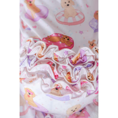 Ruffle Zipper Footie in Poolside Pups Pink | Caden Lane
