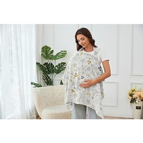 Muslin Nursing Cover for Baby Breastfeeding, Breathable 100% Cotton Breastfeeding Cover with Rigid Hoop for Mother Nursing Apron (Leaf Collection)