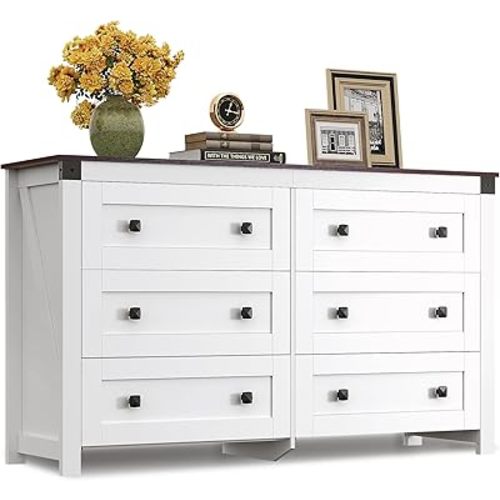 WLIVE Farmhouse 6 Drawer Dresser for Bedroom, 53.07'' Wide Wood Dresser, White Dressers Storage Organizer with Double Rustic Handle, TV Stand for 60 inch TV, Chest of Drawers for Living Room, Hallway