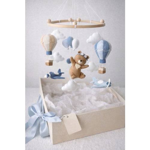 Baby boy nursery mobile, airplane teddy bear mobile, hot air balloon crib decor
