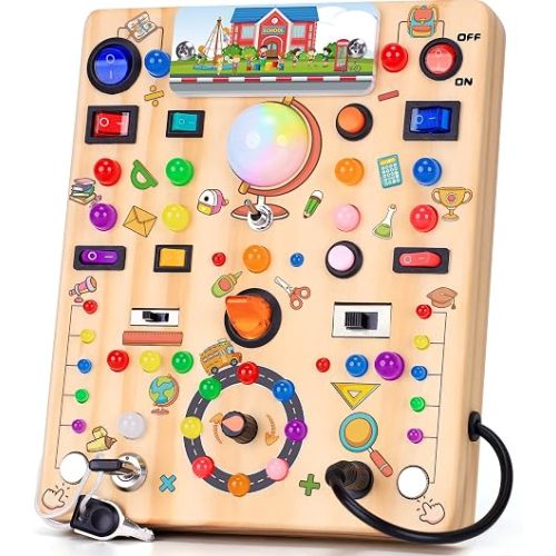 Busy Board with LED Light Switches, Montessori Toys for 1 2 3 Years Old, Toddlers Wooden Toy Sensory Activity Board, Travel Toys for 1+ Year Old Boy & Girl Birthday Gift (Farm 19 Switches)