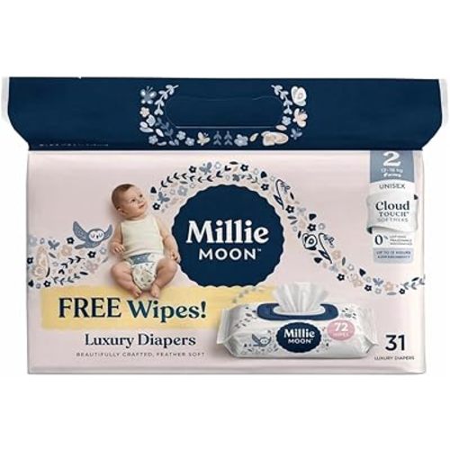 Millie Moon Luxury Diapers ~ (Size 2-31 Count) ~ (Pack 1) ~ (Free Wipes 72 Count) ~ White.