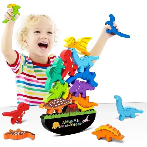 FFTROC Montessori Dinosaur Toys for 2 3 4 Year Old Boys - Wooden Stacking Dinosaur Toys for Kids 2-4 3-5, Toddler Balancing Block Sets