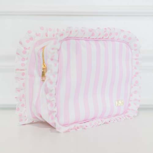Pink Polka Stripe Ruffled Nylon XL Pouch
