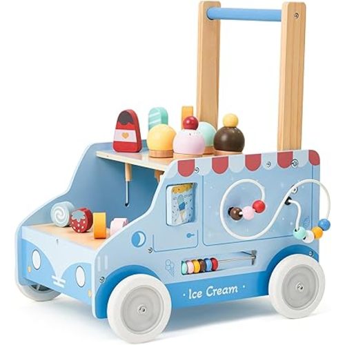 labebe Baby Push Walker, Wooden Activity Walker for Boys Girls 12M+, Push Walker Toy for Kids Learning to Walk, Adjustable Speed Learning Walking with Wheels, Birthday Gift for Babies Ages 1-3 (Blue)