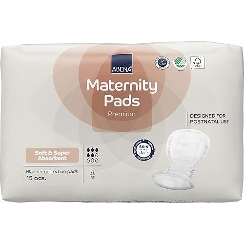 Abena Premium Maternity Pads for Postpartum and After-Delivery Incontinence, Super Absorption, Soft Disposable Pads - 15 Count