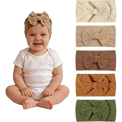 5 Pcs Baby Headbands With Hair Bows Elastic Soft Nylon Hairbands Handmade Hair Accessories For Baby Girls Newborn Infant Toddlers Kids (5, Brown)