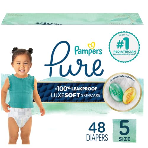 Pampers Pure Baby Diapers, Size 5 (27+ lbs), 48, Up to 100% Leakproof, Premium Hypoallergenic Soft Diapers