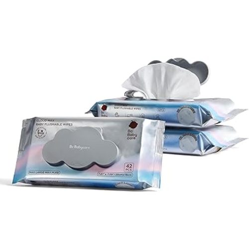 Bc Babycare Cloud Max Flushable Wipes, Hypoallergenic for Sensitive Skin, 99% Water, Plant-Based Fibers, Sewer + Septic Safe, Fragrance Free Toddler Potty Training, 42 Wipes, 3 Packs