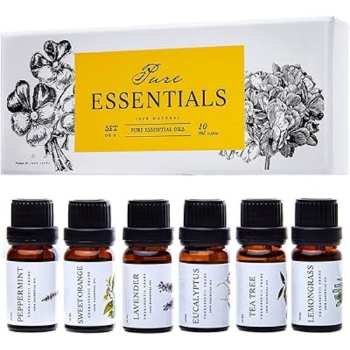 Essential Oils Set Pure Essentials - Top 6 Aromatherapy Oils Gift Set for Diffusers, Home Care, Candel Making, Fragrance -Eucalyptus, Lavender, Lemongrass, Sweet Orange, Peppermint, Tea Tree (10ml)