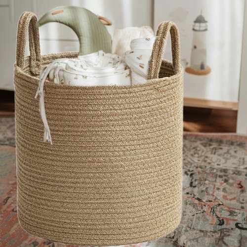 Naxoaeo Round Braided Seagrass Woven Storage Basket with Jute Handles - Rope Weave Circle-Shaped Basket Bin for Shoe Storage in Entryway, Organizing Playroom Toys, and Laundry