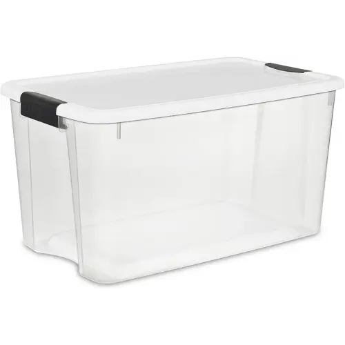 Sterilite 70 Qt Ultra Latch Box, Stackable Storage Bin with Lid, Plastic Container with Heavy Duty Latches To Organize, Clear and White Lid, 4-Pack