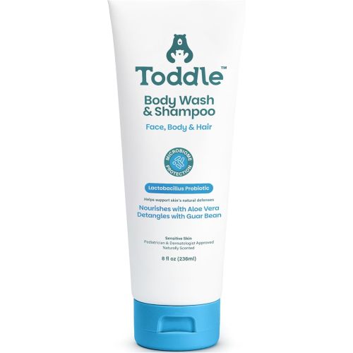 Toddle 3-in-1 Probiotic Baby Shampoo and Body Wash, Plant-Based Kids’ and Toddler Body Wash for Sensitive Skin with Aloe and Lactic Acid, Fragrance-Free, Pediatrician Tested, 8 oz