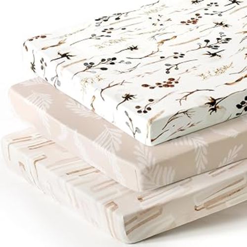 Stretchy Ultra Soft Jersey Knit Fitted Pack and Play Sheets 3 Pack, Portable/Mini Crib Sheets Safe and Snug Fitted for Boys and Girls, Stylish Pretty Flora for Baby, Beige