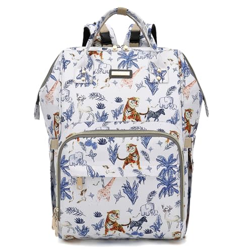 Diaper Bag Backpack, Diaper Bags for Baby Girls Boys, Baby Bags for Moms Dads, Nappy Changing Bag with Insulated Pockets,Multi-functional Waterproof Backpack with Stroller straps-Animal World White