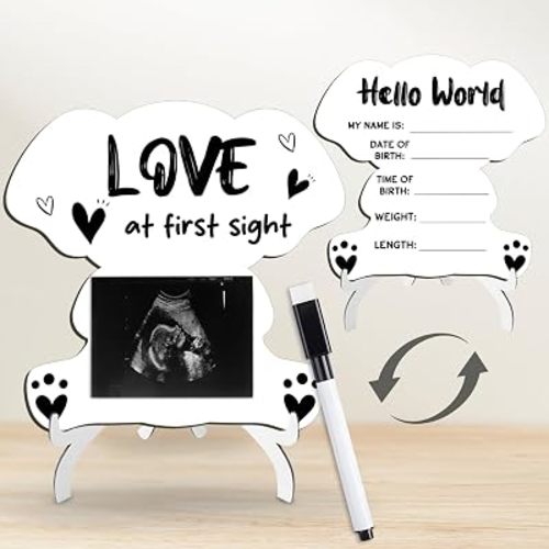 Hello World and Love at First Sight Ultrasound Frame, Wooden Double Sided Elephant Sonogram Picture Frame, Perfect for Baby Hospital Announcement, Baby Shower and Nursery Decor
