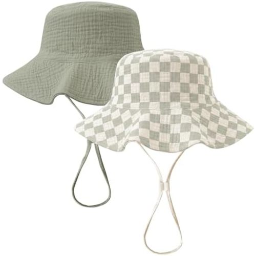 Konssy 2 Pack Muslin Baby Sun Hat UPF 50+ Sun Protection Baby Bucket Hat Summer Beach Hats with Wide Brim for Boys & Girls